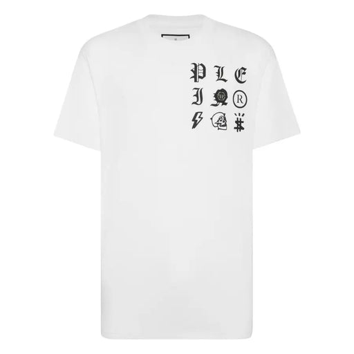 Weißes, kurzärmeliges Herrenhemd von Philipp Plein t-shirt mit schwarzem Grafikdruck mit PLC-Buchstaben und Symbolen, darunter Totenkopf und Blitz