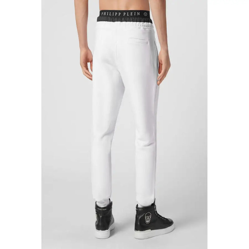 Weiße Philipp Plein Herren-Jogginghose mit schwarzem elastischem Bund, Logo und passenden Seitenstreifen