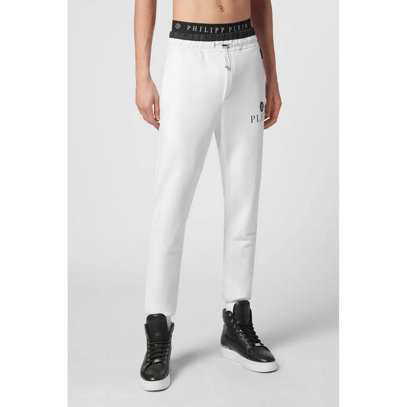 White Philipp Plein men joggers with black elastic waistband and logo embroidery in comfortable fabric