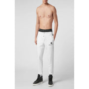 White Philipp Plein men trousers joggers with black waistband and logo embroidery on the leg