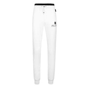 White philipp plein joggers with black elastic waistband and thigh logo designed for men and casual wear