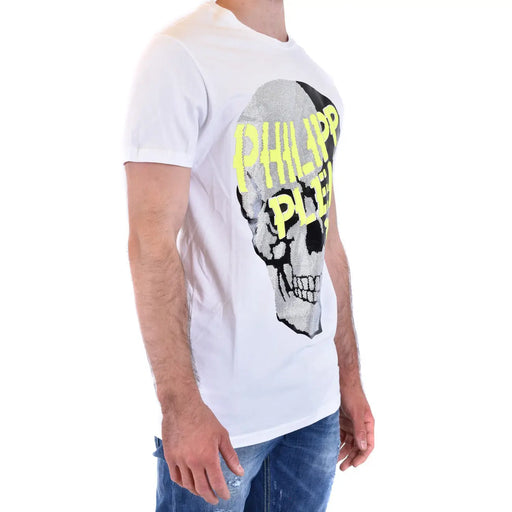 Philipp plein men t-shirt in white featuring a bold skull graphic with silver sequins and neon yellow lettering