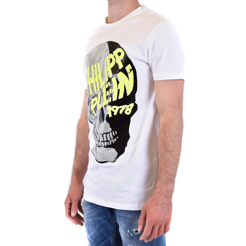 White Philipp Plein men t-shirt featuring a bold skull graphic with black and silver sequins and neon yellow text