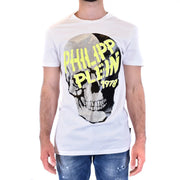 White Philipp Plein men t-shirt featuring a bold skull graphic with black and silver sequins and neon yellow lettering