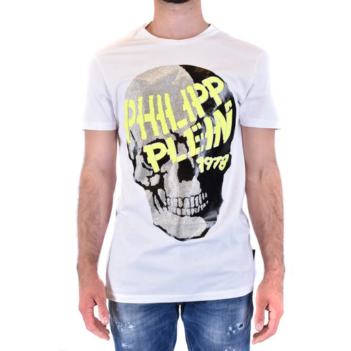 White Philipp Plein men t-shirt featuring a bold skull graphic with black and silver sequins and neon yellow lettering