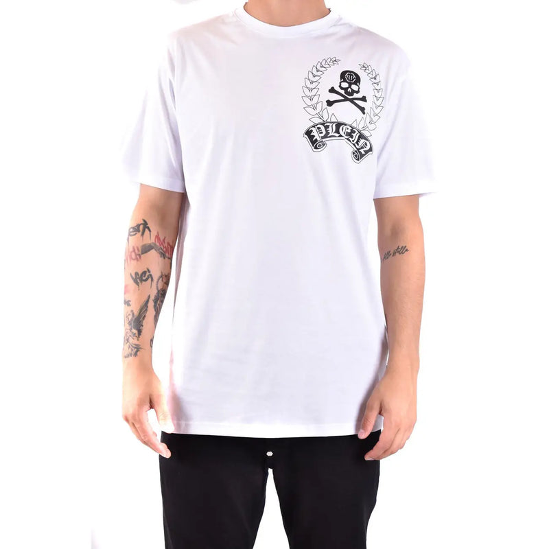 Philipp Plein Herren-T-Shirt aus weißer Baumwolle mit Rundhalsausschnitt und schwarzem Totenkopf-Lorbeerkranz-Grafikdesign