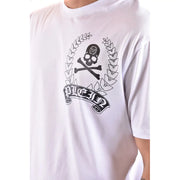 Philipp Plein Herren-T-Shirt aus weißer Baumwolle mit Rundhalsausschnitt, schwarzem Totenkopfmotiv und Lorbeerkranz auf der Vorderseite