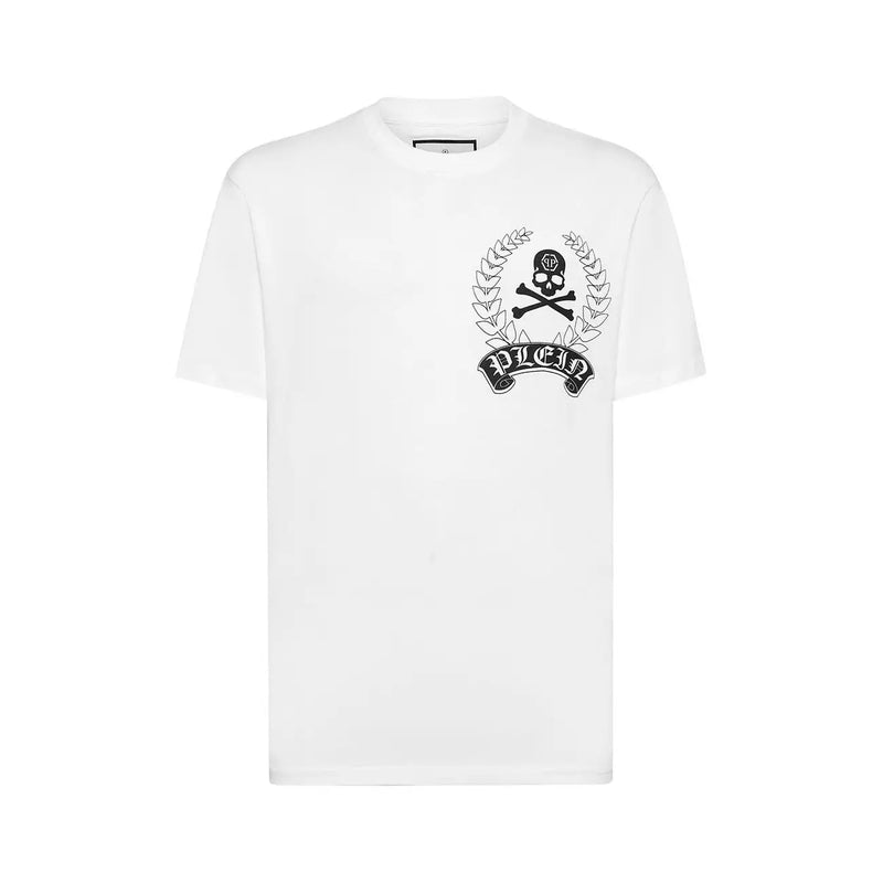 Weißes Baumwoll-T-Shirt von Philipp Plein für Herren mit Rundhalsausschnitt und schwarzem, gesticktem Totenkopf- und Lorbeerkranz-Emblem