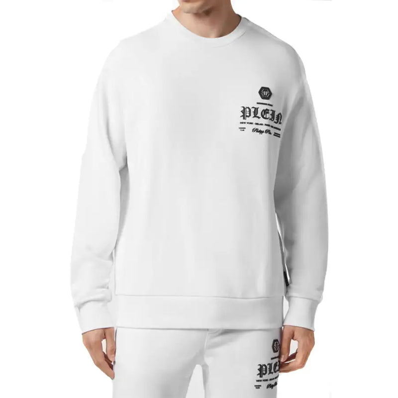 Men’s white cotton round neck sweatshirt with black graphic text on the chest
