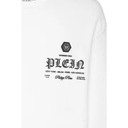 Philipp plein white cotton round neck men sweatshirt with black plein graphic print and city locations in serif font