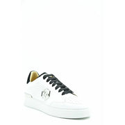 Philipp Plein weißes Leder niedrig-top Sneaker für Damen mit schwarzen Schnürsenkeln und silbernem Logo-Emblem an der Seite