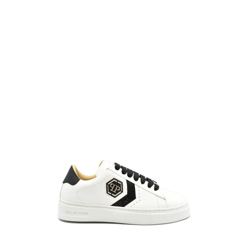 Philipp Plein women leather sneakers white lace up with black laces heel tab and hexagonal logo on the side