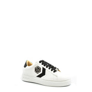 Philipp Plein women leather sneakers white lace up with black laces and glittery black stripe and logo on the side
