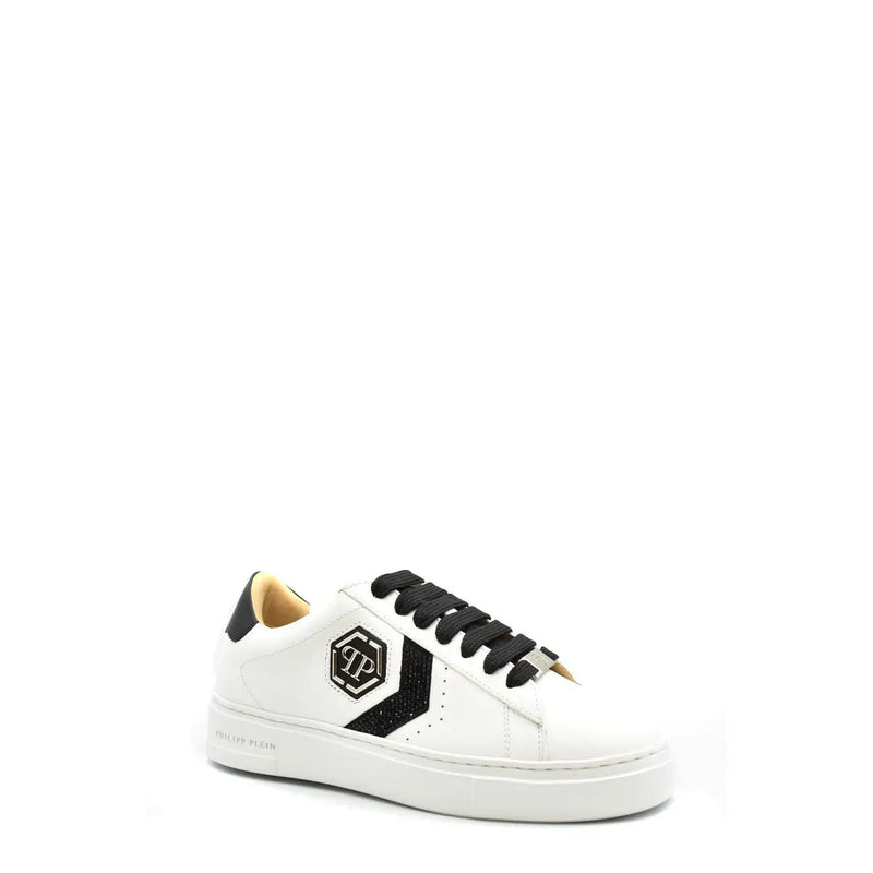 Philipp Plein women leather sneakers white lace up with black laces and glittery black stripe and logo on the side