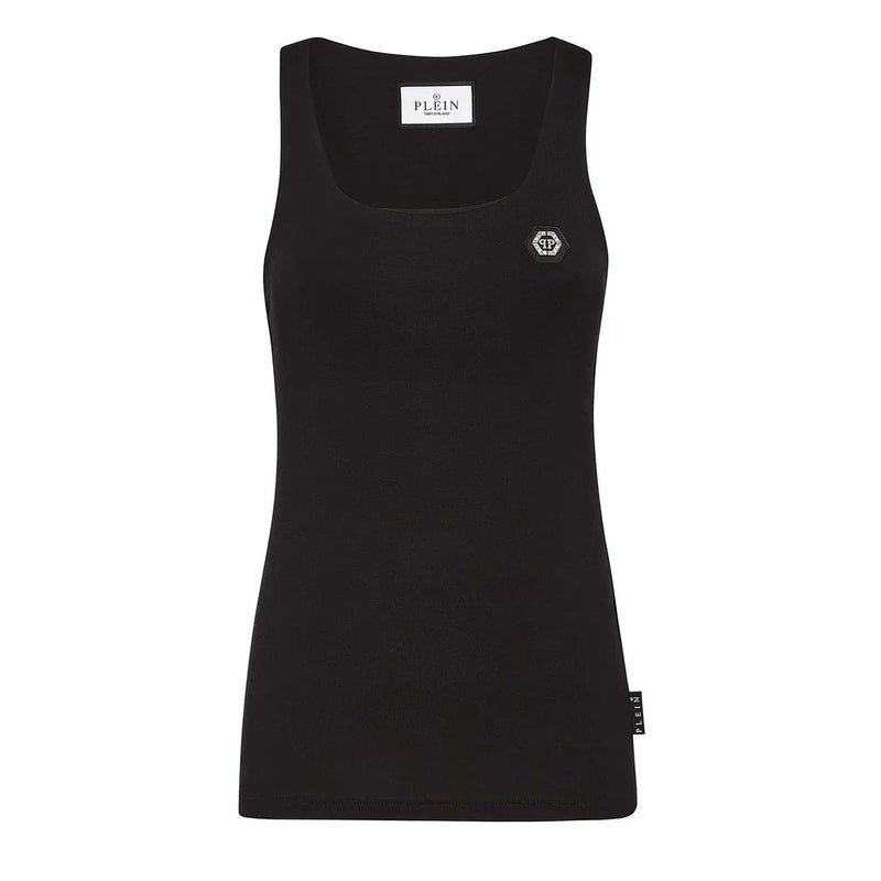 Schwarzes Philipp Plein Damen-Tanktop top Aus Baumwolle, mit eckigem Ausschnitt, ärmellosem Design und Logostickerei auf der Brust