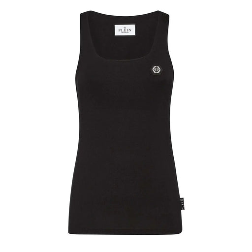 Schwarzes Philipp Plein Damen-Tanktop top Aus Baumwolle, mit eckigem Ausschnitt, ärmellosem Design und Logostickerei auf der Brust