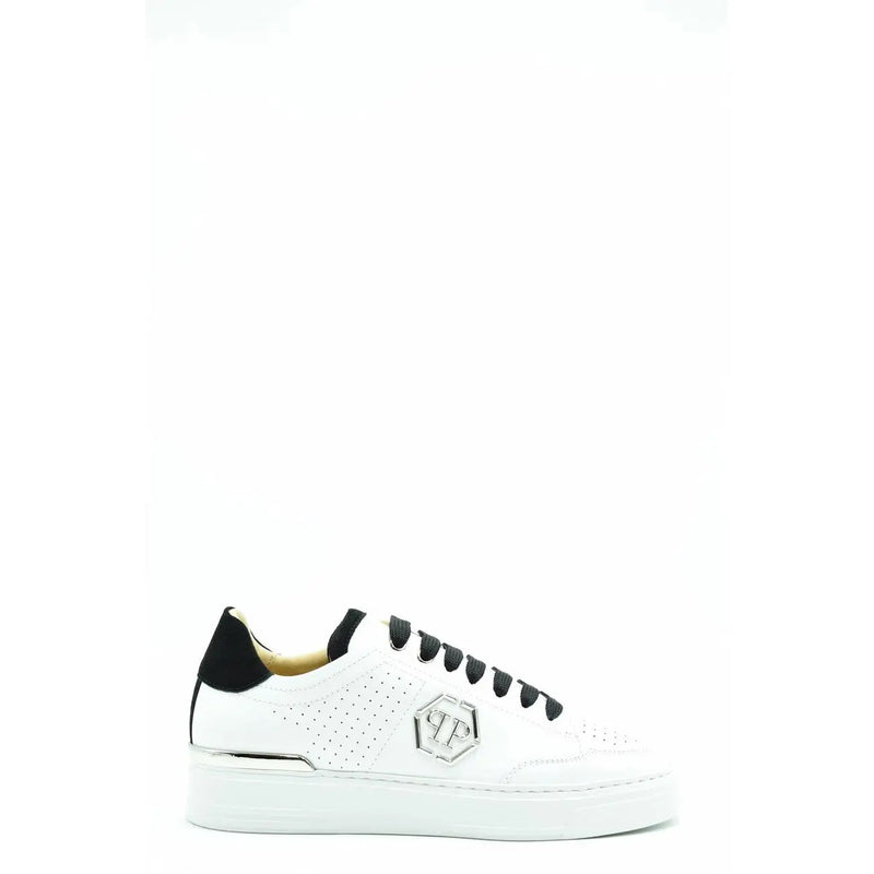 Philipp Plein women white leather sneakers with black laces, black heel tab, and silver hexagonal logo on the side