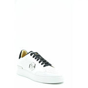 Philipp Plein women white leather low-top sneaker with black laces and silver logo emblem on the side
