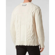 Philipp Plein Wollpullover für Damen in Creme mit Zopfmuster, ausgefranstem Saum und Bündchen, Vorderansicht