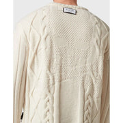 Philipp Plein Wollpullover für Herren in Creme mit Zopfmuster und Markenlabel am Halsausschnitt, Vorderansicht