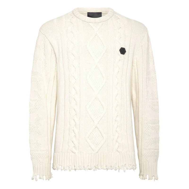 Philipp Plein Wollpullover für Herren in Creme mit Zopfmuster und ausgefransten Bündchen und Saum, Vorderansicht