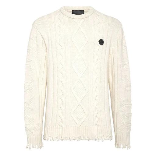 Philipp Plein Wollpullover für Herren in Creme mit Zopfmuster und ausgefransten Bündchen und Saum, Vorderansicht