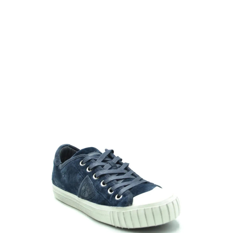 Navy suede low-top Philippe Model blue fabric sneakers for women with white rubber sole and toe cap spring summer