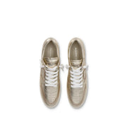 Philippe Model women leather gold low-top sneakers with white laces and perforated detailing