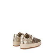 Philippe model women leather gold sneakers featuring gold metallic leather with chunky white sole and embossed branding