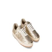 Philippe Model women leather gold sneakers featuring metallic leather, white laces, and chunky off-white sole