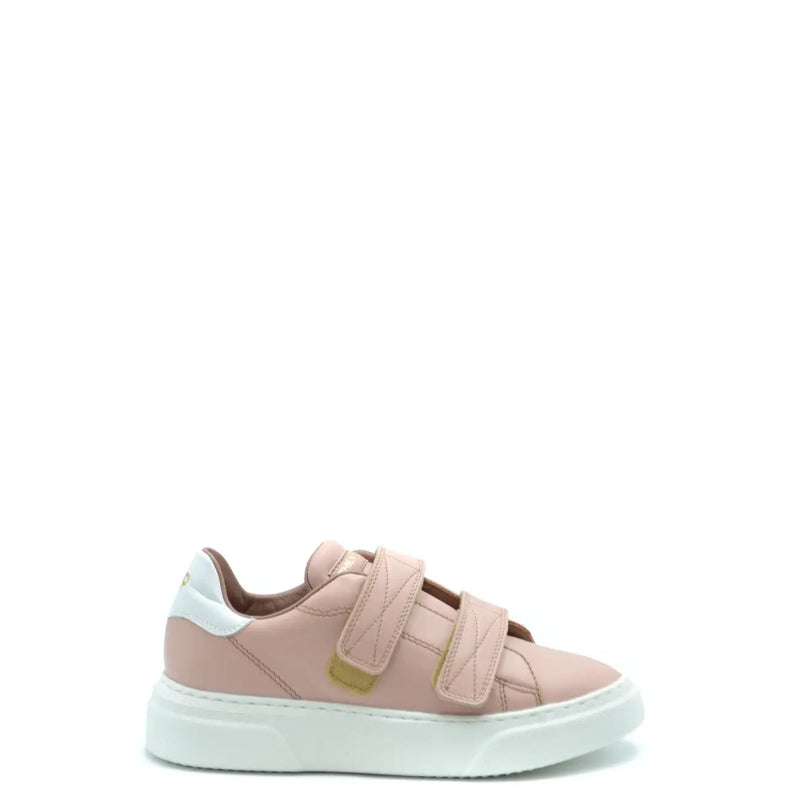 Philippe Model women pink leather sneaker with white rubber sole and gold-tone velcro straps