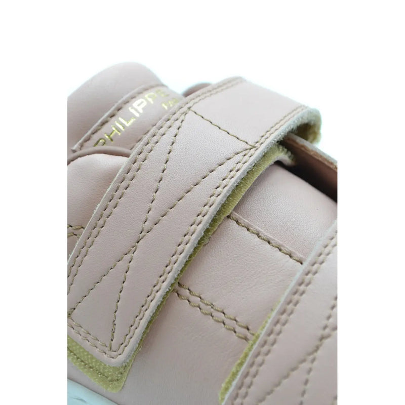 Beige leather philippe model women sneaker with gold-tone philipp branding on the velcro strap