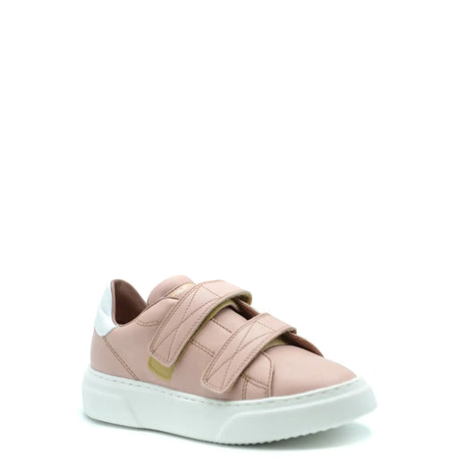 Ein rosafarbener Ledersneaker für Damen von Philippe Model mit zwei Klettverschlüssen und einer weißen Gummisohle