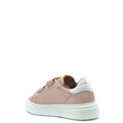 Back view of philippe model women pink leather sneakers with white rubber sole and gold tone logo on the heel
