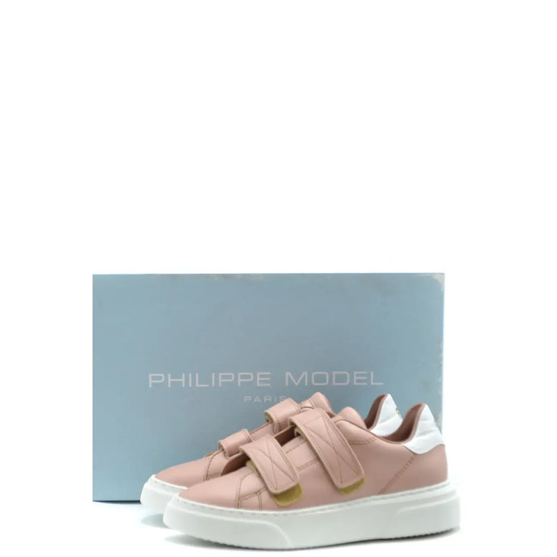Philippe Model women pink leather sneakers with pink suede, white rubber soles, and gold quilted velcro straps