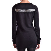 Back side of pierre balmain women black angora blend knit sweater with silver sequin horizontal band across the back