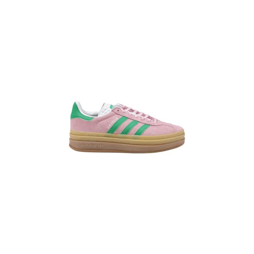 Pink and green Adidas Gazelle Bold platform sneakers for women with leather laces