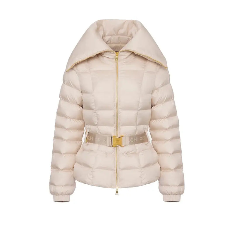 Beige quilted puffer jacket with wide collar and gold-buckled belt by Elisabetta Franchi