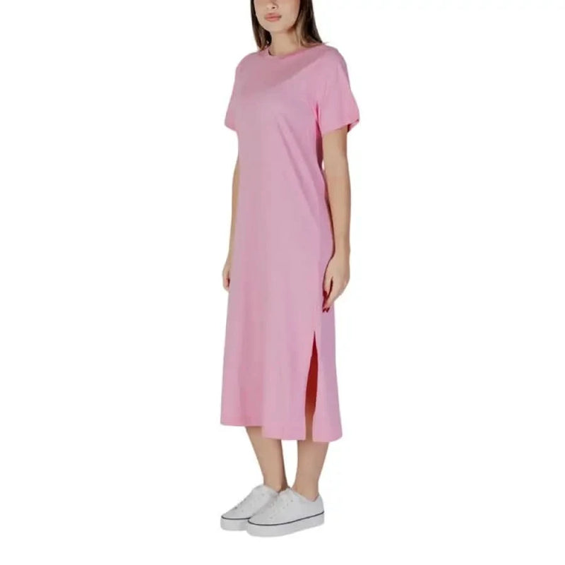 B.young Pink Short Cotton Dress with Round Neck displayed elegantly on a mannequin