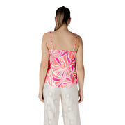 Pink polyester v neck strap top for women featuring vibrant pink and white floral-patterned spaghetti straps