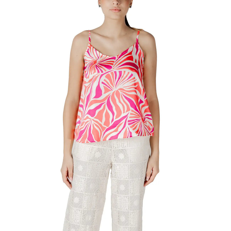 Pink polyester v neck strap top for women featuring a vibrant pink and coral floral pattern and lightweight fabric