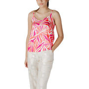 Pink polyester v neck strap top for women with vibrant pink and white patterned spaghetti straps and lightweight fabric
