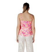 Pink polyester v neck strap top for women featuring vibrant pink and white floral-patterned spaghetti straps