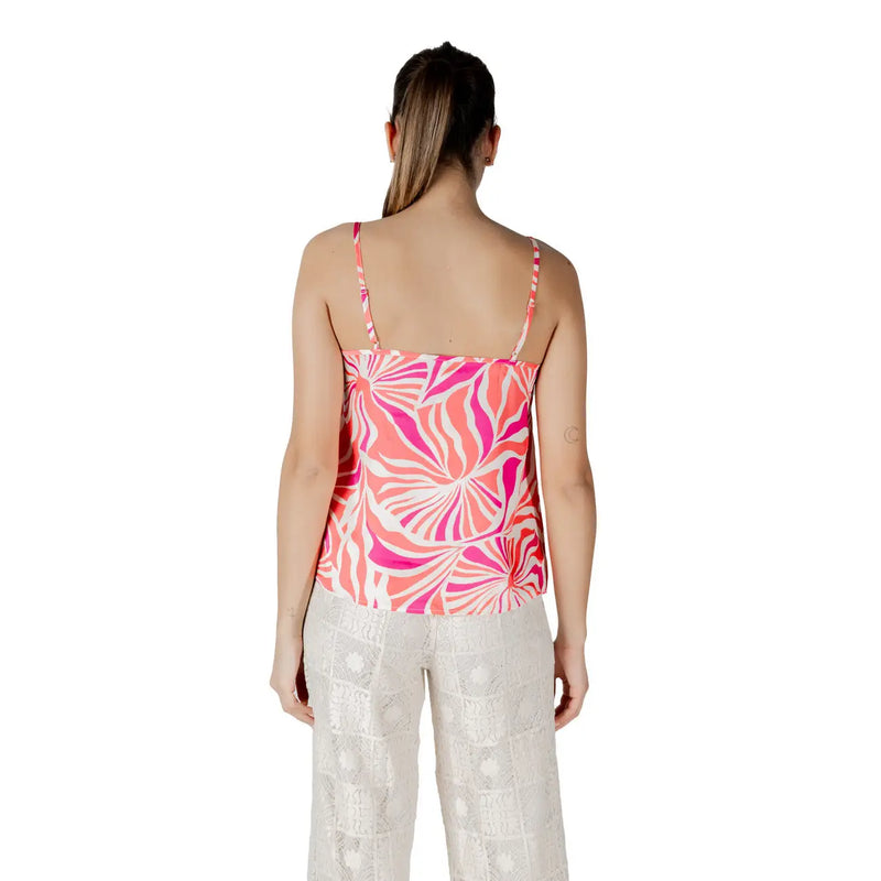Pink polyester v neck strap top for women featuring vibrant pink and white floral-patterned spaghetti straps