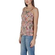 Pink sleeveless B.young women’s cotton tank top with thin straps and vibrant pink beige and black geometric pattern