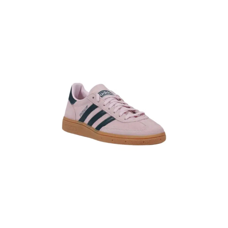 Pink suede Adidas women slip-on sneakers with dark green stripes and gum sole