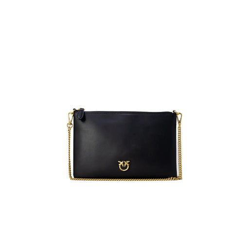 Pinko black faux leather crossbody bag with gold-tone chain strap and matching logo clasp for shoulder wear