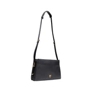 Black faux leather shoulder bag with gold hardware and inside pocket by Pinko