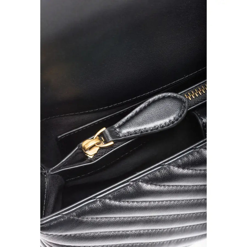 Pinko black leather bag featuring black quilted leather and gold-tone zipper pull with magnet closure