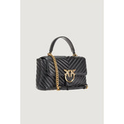 Pinko black leather bag with magnet closure featuring black quilted leather and gold-tone chain handle with bird clasp
